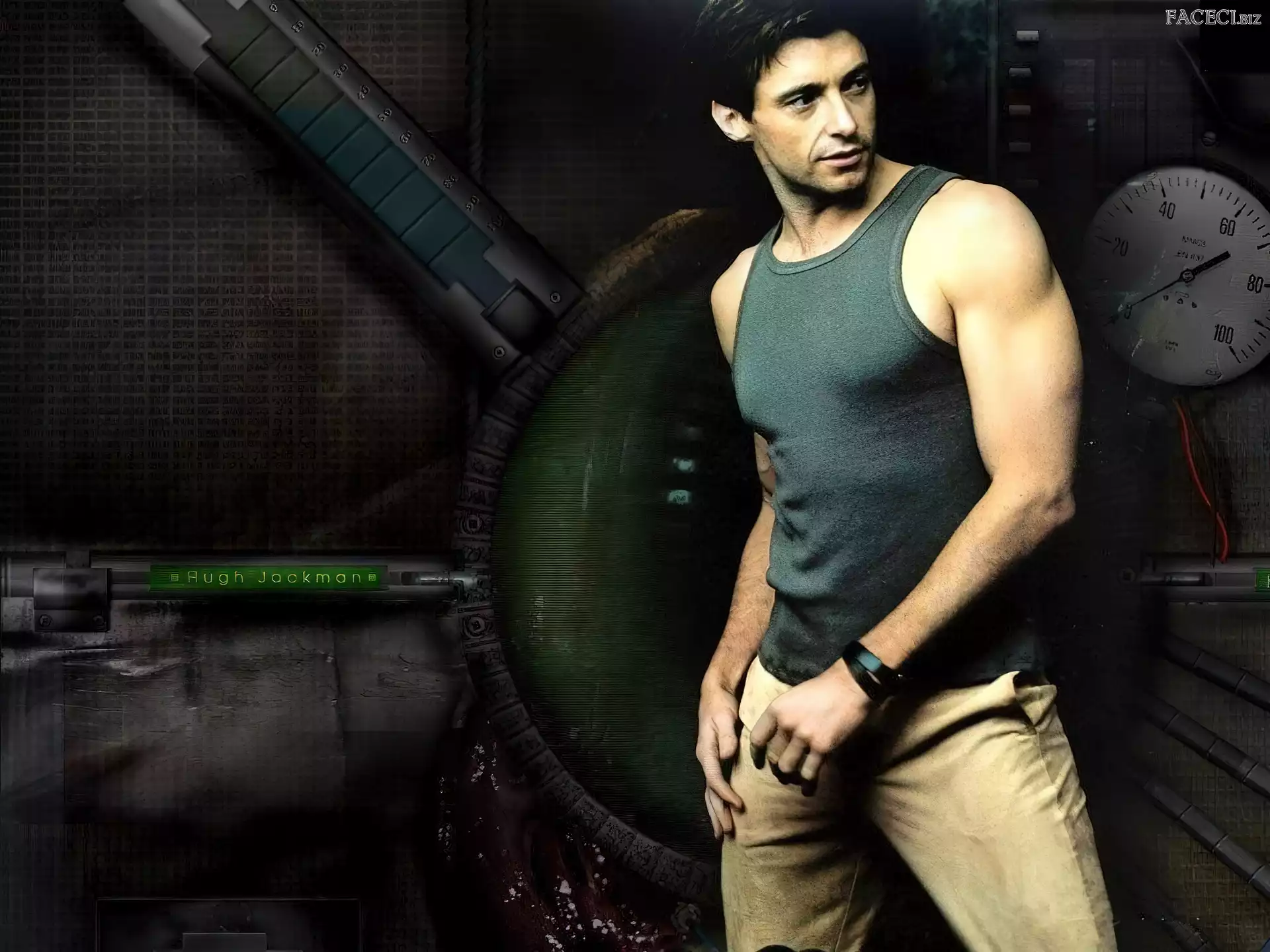 beżowe spodnie, Hugh Jackman, szara koszulka